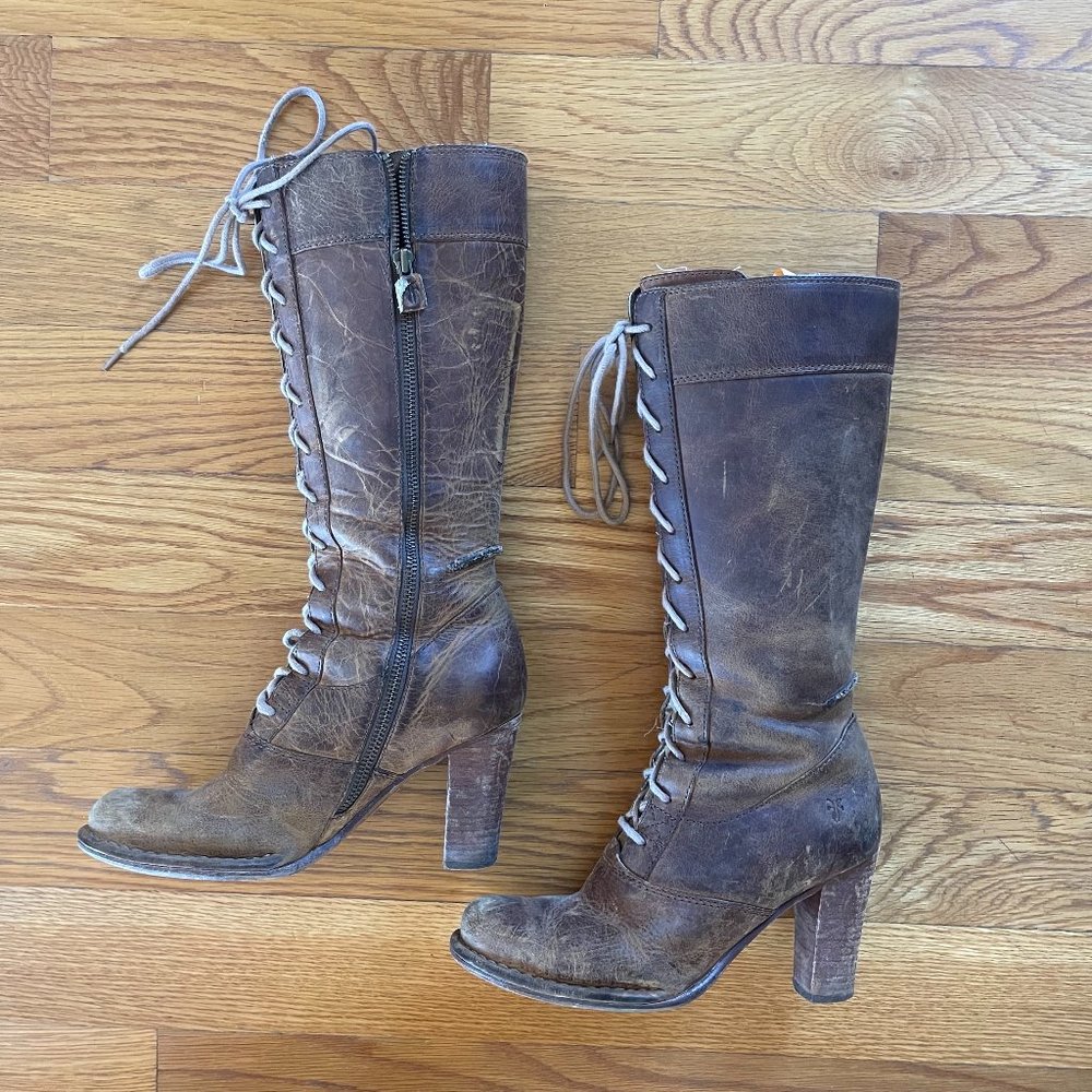 Frye ‘Villager’ Lace Up Boots in Brown Distressed Leather 36.5